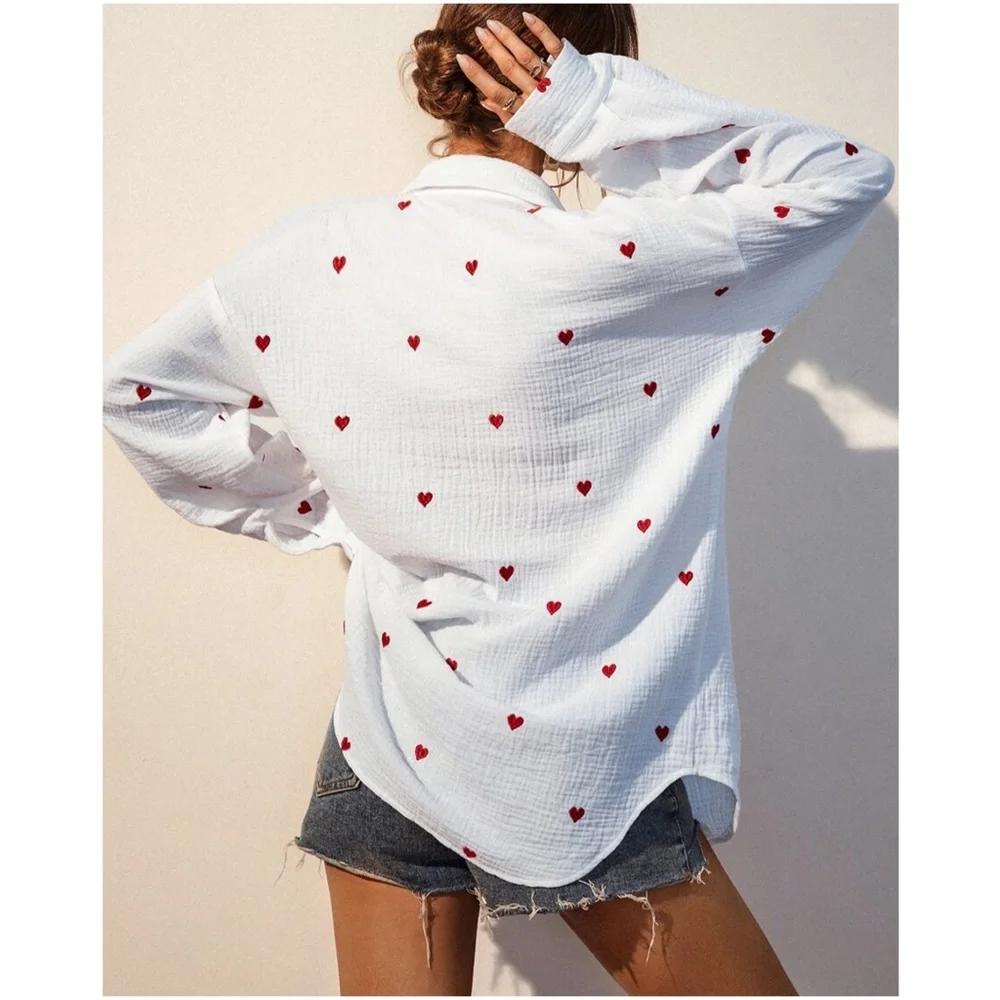 019 Cozy White Hearts Button Down Oversized Shirt - Picture 8 of 9